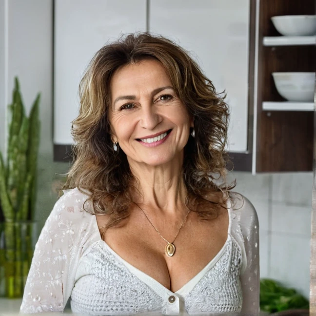 Woman 50 years old from Bulgaria, with firm breasts, with a deep neckline, Stands tall, in the kitchen, smiling and looking at the camera
