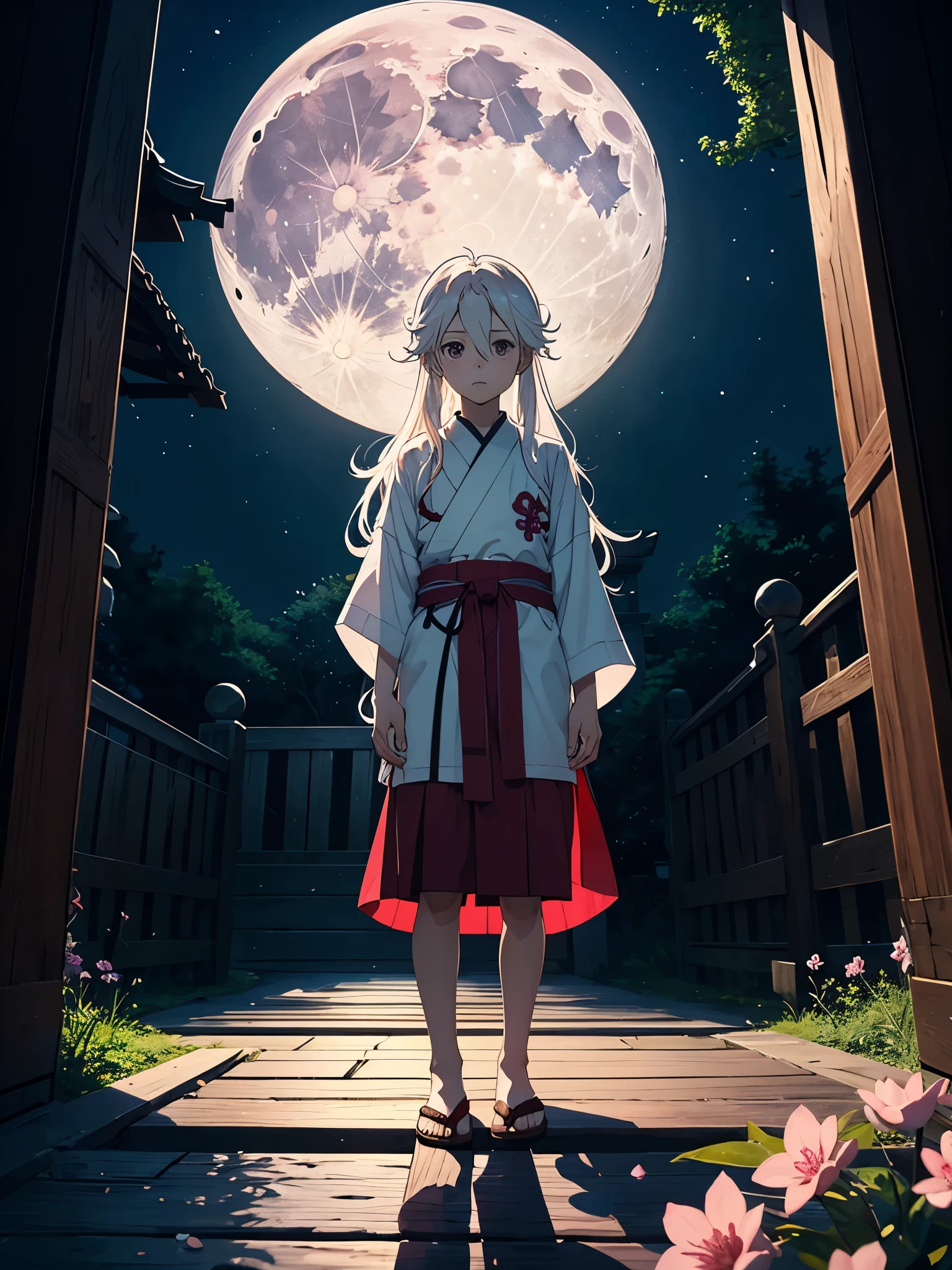 Mehr anime. Little kid. masculine. tao. Boy. mystical. Japanese Gate. Tori Tor. Tsukiyomi. japanese clothes. God of the Moon. long white hair. traditional clothing. divine. full moon. Pink flowers.