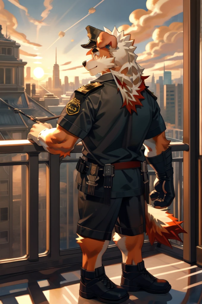 by null-ghost,by raccoon21,
masterpiece,high quality,
young face,HUNG,SINGLE HORN,MILITARY UNIFORM,long hair,orange eyes,red horns,handguard,dog tail,gloves,detail eyes,leather,
smile,
looking afar,looking away,
ears back,ears down,(ears backwards:1.55),
white shirt,t-shirt,
shorts,
digitigrade,claws,
standing,
leaning on rail,
balcony,
city,cityscape,skyline,day,dusk,orange sky,cloudy sky,cloud,sun,