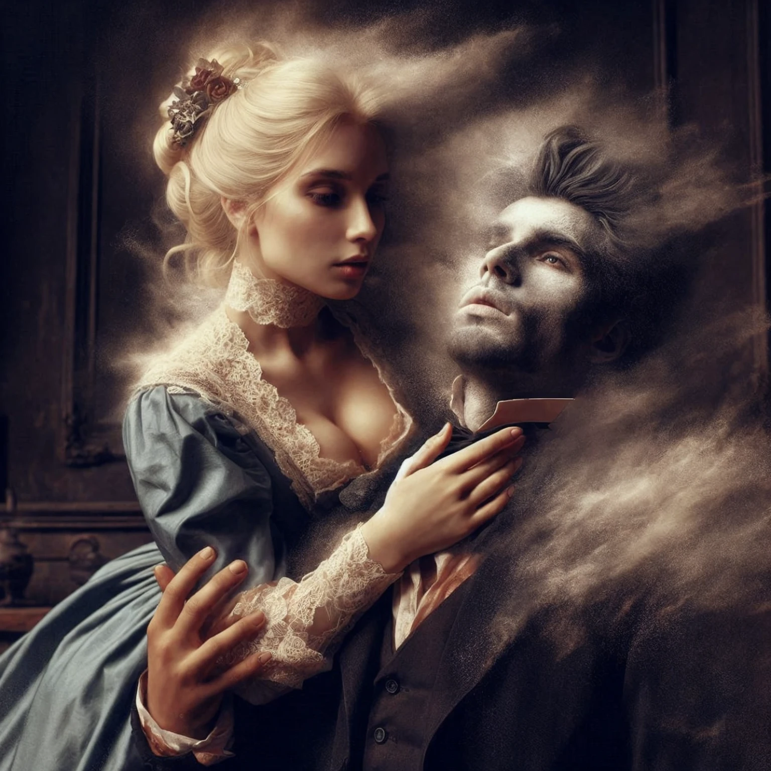 A Victorian-era styled couple, featuring exquisitely detailed NAILS and delicate FINGERS. Their BODIES are surrounded by a supernatural MIST, highlighting their SKIN tones. The ambience evokes a sense of HORROR and SENSUALITY.