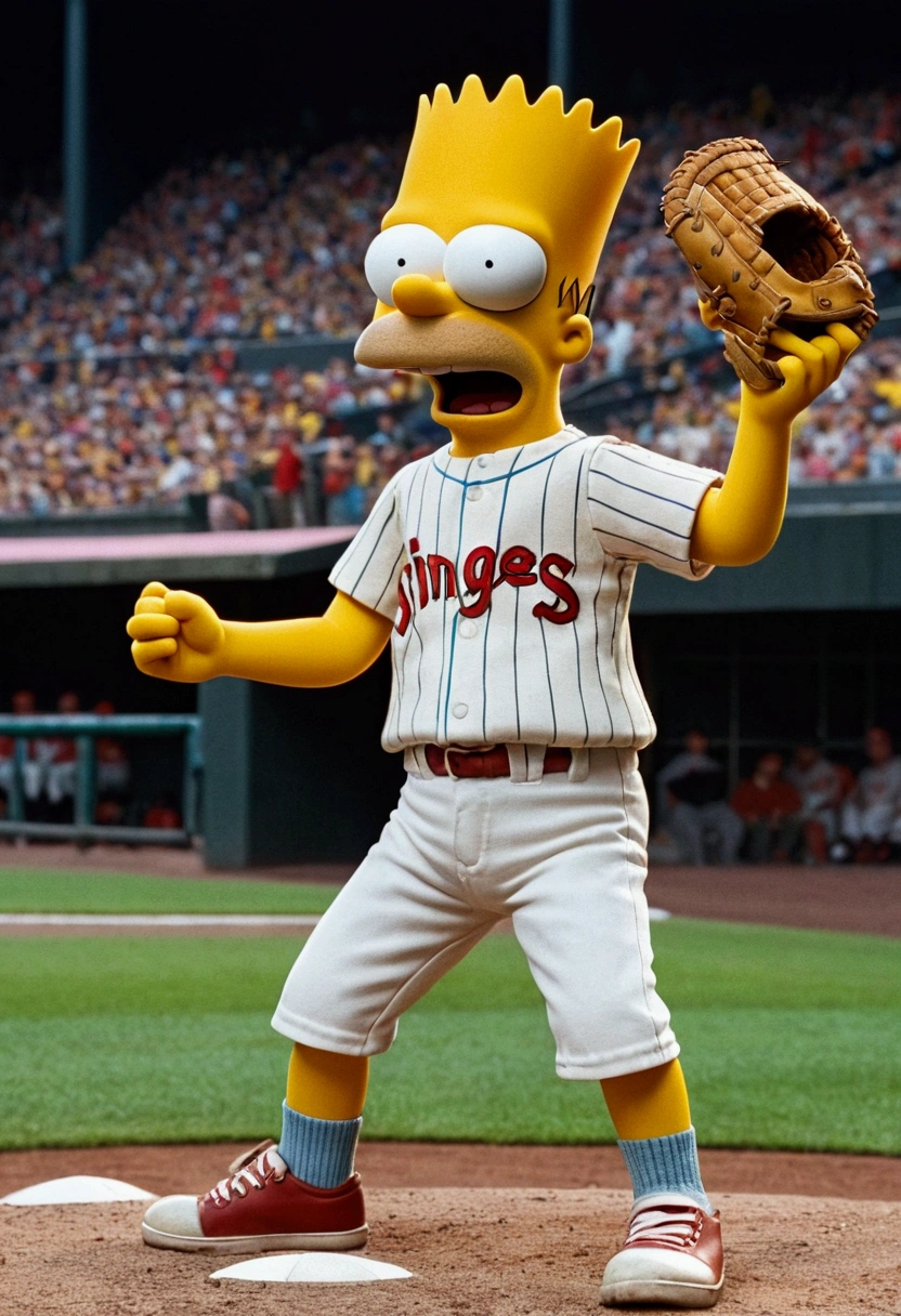 Baseball Player, Bart Simpson, full body, cinematic still, cinemascope, (best quality, masterpiece), very aesthetic, perfect composition, intricate details, ultra-detailed, vivid colors