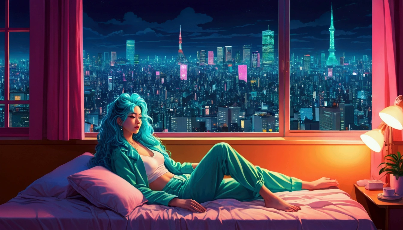 "Create an illustration of a woman relaxing in bed. She has long turquoise hair. Out of the window, You can see the neon streets of Tokyo, and neon lights are streaming in through the window. The style should be anime-inspired with an 80s City Pop vibe. She should be eccentric, Charismatic personality, Dreamy aura, And the feeling of floating. Thinking about 80s pop fashion, City Pop, Backlight Style, and neon lights."