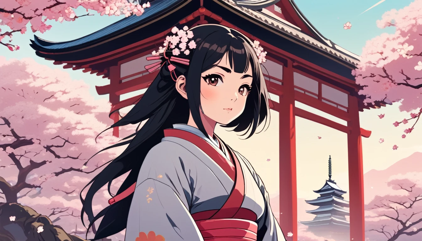 Female samurai,Background is cherry blossoms and a Japanese temple、 Wide-angle lens, Lofi Anime, Lofi illustration, Aesthetic atmosphere, Lo-Fi Style, Vector art, Flat Design, Simple shape, Warm tones, Pleasant atmosphere, Chill, In anime style, Digital drawing, Vector art, Vector logo for t-shirt printing, (Adorable:1.5), (small:1.4), (Playful:1.2), (soft:1.3), (Whimsical:1.1), masterpiece, Highest quality, 8K, Intricate details, grow, Celestial, Mysterious, Picturesque, amazing, Majestic, Magic, Fantasy art, Cover art, dream-like