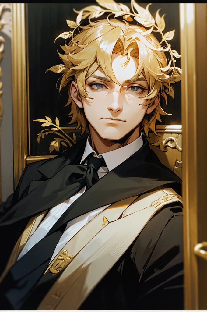 politician in a limo, he is wearing roman imperial golden laurel wreath,