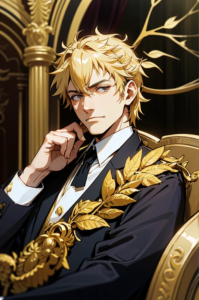 politician in a limo, he is wearing roman imperial golden laurel wreath,