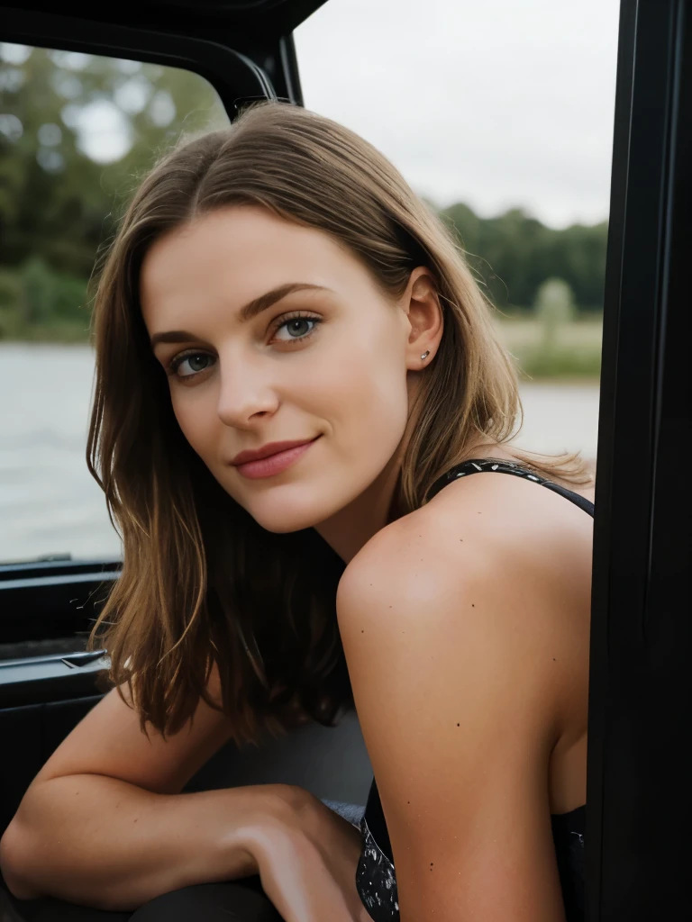 Photographie de 1 superbe fille de 23 ans , Porter is a robe de soirée with a décolleté , cheveux bruns ,en Franc dans un camion scania , Portrait photographique, Souriant, regarder la caméra , éclairage spectaculaire, magnifique, (clivage profond), séance photo, occidental, (chef-d'œuvre), meilleure qualité, Haute résolution, fond extrêmement détaillé, peau avec pores, , éclairage cinématographique terminé