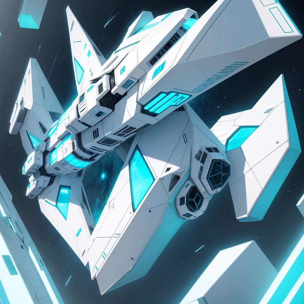triangle shaped spaceship, abstract, White color, with cyan details,