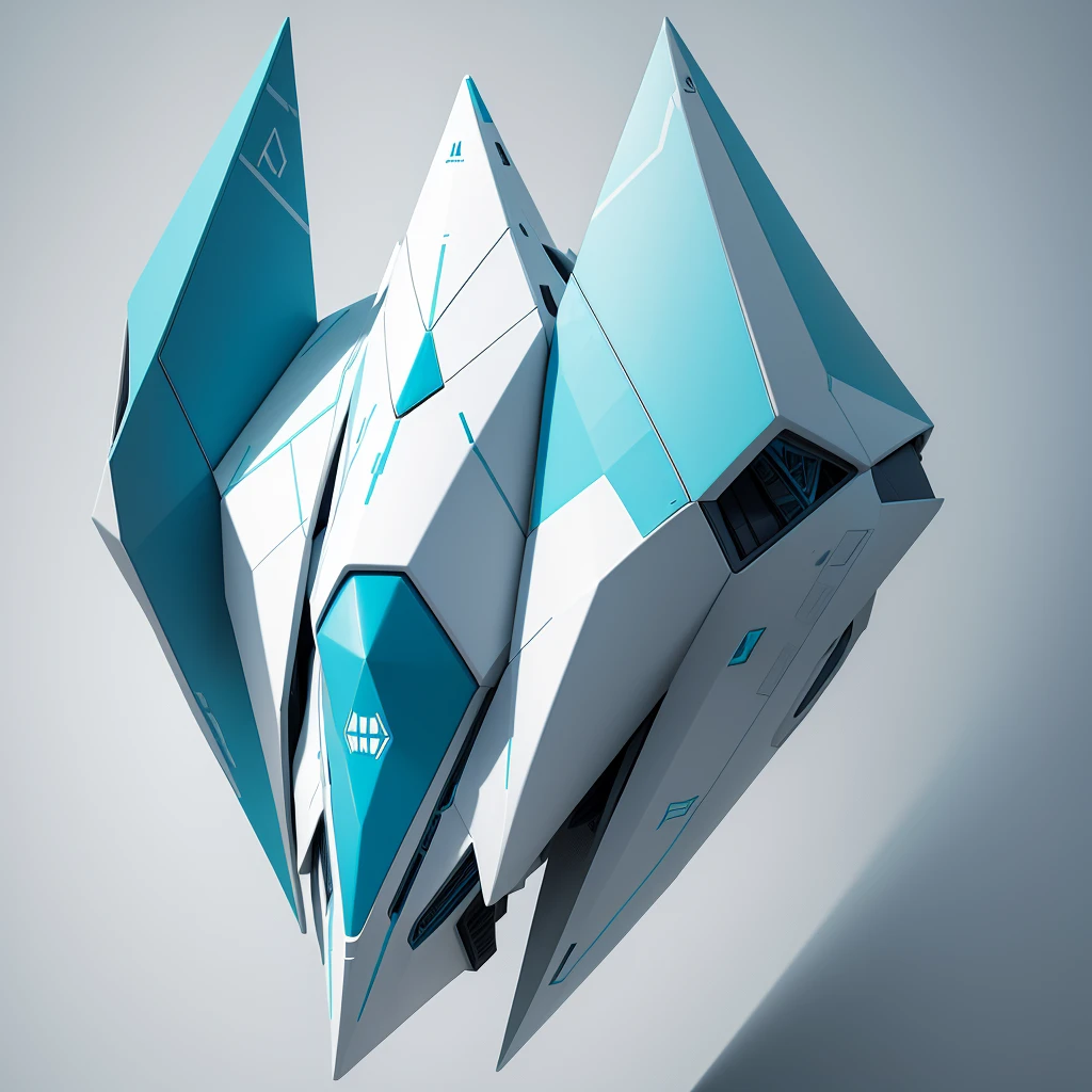 triangle shaped spaceship, abstract, White color, with cyan details,