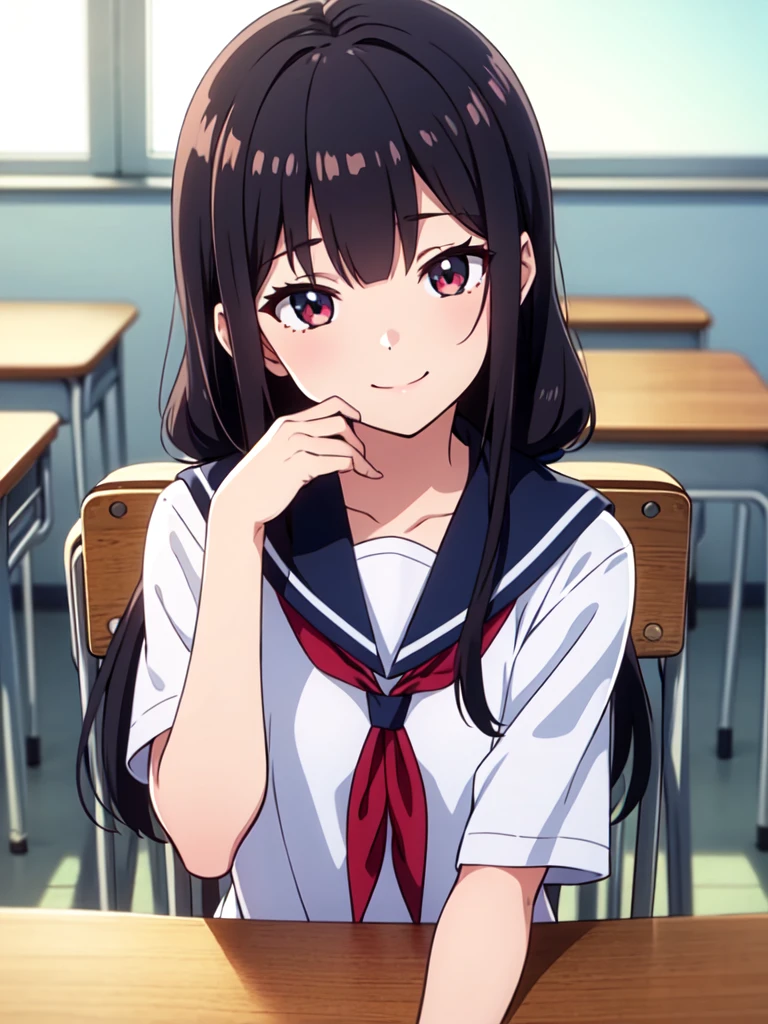 1girl, sitting, cover mouth with hand, (head tilt), smile, 15yo,
classroom, indoors, school chair, school desk, (low twintails girl), low pigtails, red ribbon in hair, very long black hair,
white serafuku with blue ribbon, navy-blue collar, navy-blue skirt,
(dark brown eye), afternoon, summer,
school,
(from front:1.4), upper body,
anime, high brightness, detailed face, detailed eyes,
(high quality, ultra detailed, masterpiece, FHD)