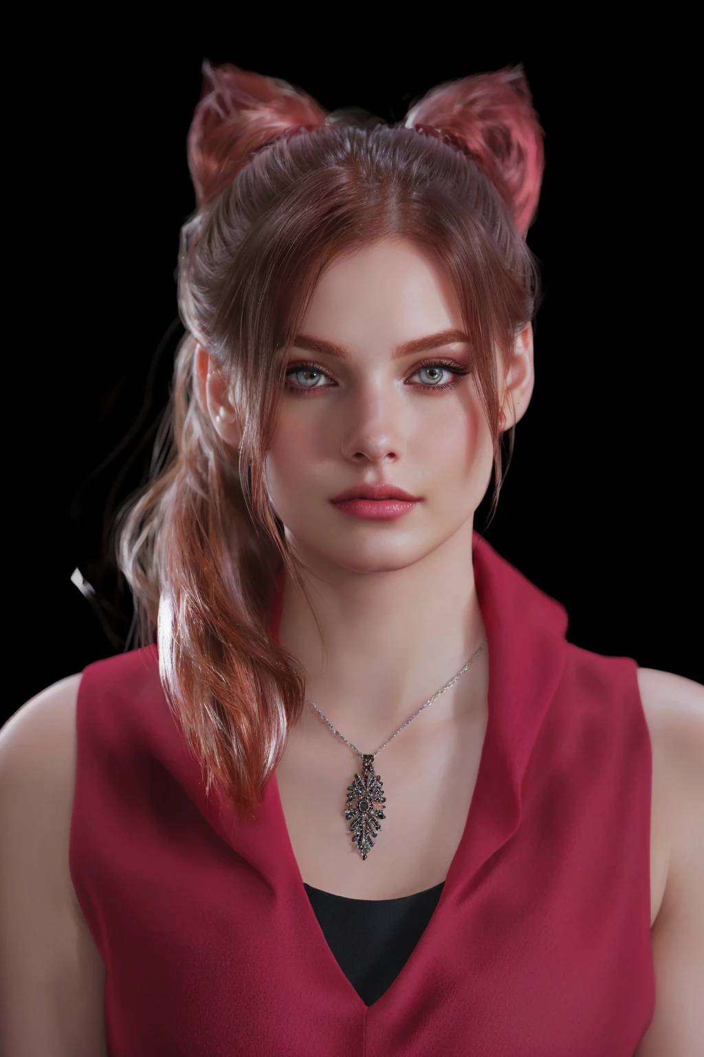 woman with medium-ponytail ,Auburn-red-hair, hairy medium hairstyle, pale, wearing black turtleneck. eyeliner,portrait, beautiful woman, beautiful female ,beautiful ,eyeliner , elegant, digital painting, smooth, dramatic lighting, ultra realistic, 8k, art , blur backgrond, black background