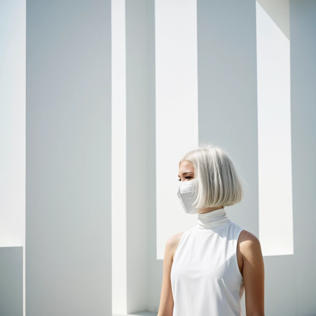 no face visible short white hair women the background of a minimalist beautiful white architecture