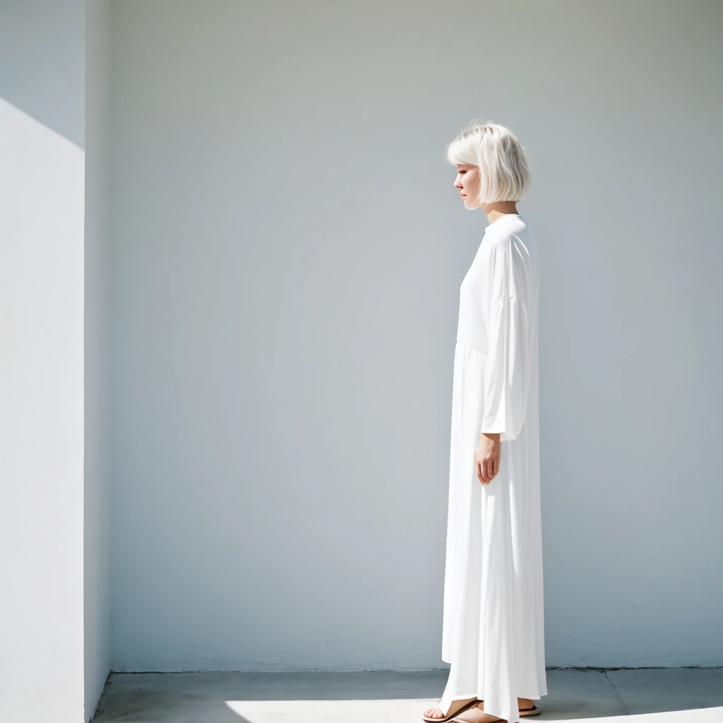  no face visible short white hair women the background of a minimalist beautiful white architecture 