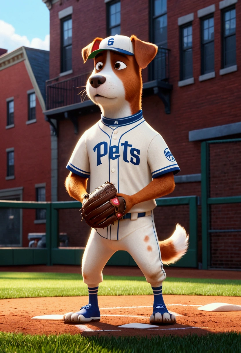 Baseball Player, The Secret Life of Pets, full body, cinematic still, cinemascope, (best quality, masterpiece), very aesthetic, perfect composition, intricate details, ultra-detailed, vivid colors