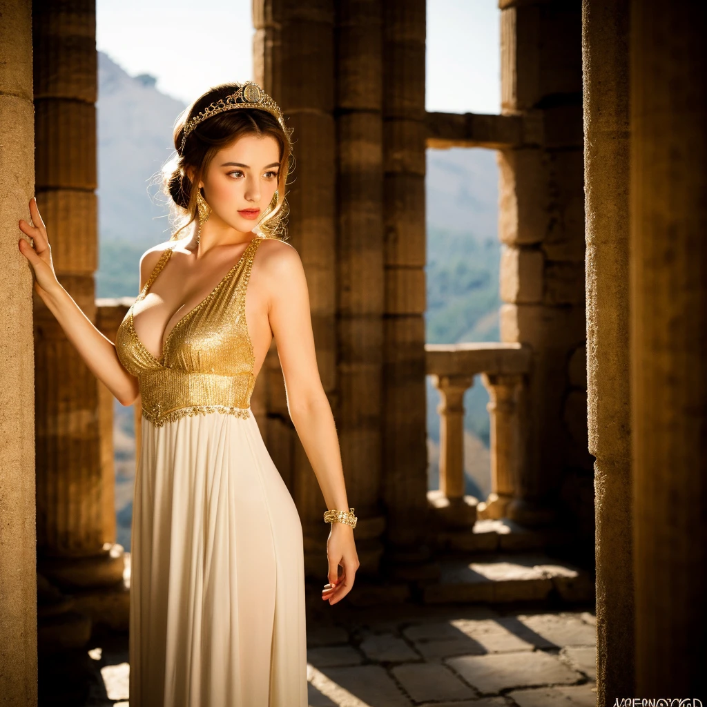 A very beautiful ancient Greek princess wearing sexy clothes showed off her beautiful breasts. Grabbed from behind by a young knight