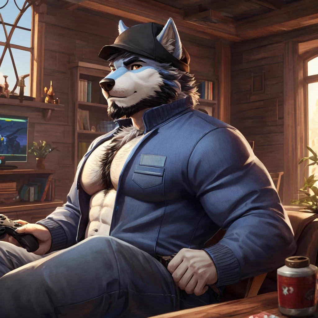 (((by fluff-kevlar, by Zackary911, by Kenket, by Kilinah))), (polar patroller, black military helmet, black camo cargo pants, black military boots), detailed fur, detailed eyes, finely detailed paws, detailed hands, detailed face, detailed body, 1boy, male, solo, topless, musclegut, big bulge, large pecs, black nipples, dad, daddy, old man, 50-year-old-aged man, happy trail:1.2, (lying on his back on a couch:1.2), detailed background , into a chalet, in front a chimney, (hold in his right hand a smartphone, looking at the smartphone:1.2), (light coming from the chimney, night:1.2) ,Highest Quality, 4k, masterpiece, Amazing Details, Shallow Depth of Field, (masutepiece, Best Quality, Clear image quality, hight resolution,4K image quality), ambient lighting, 135mm Lens, complementary, bokeh, cowboy shot, no lights