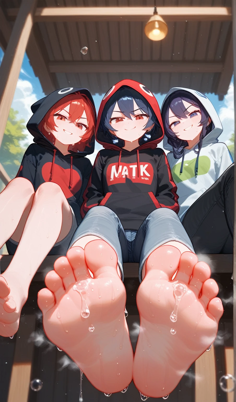 Three girls，Hoodie，Short jeans，wallpaper, best quality, Very detailed, masterpiece, Extremely detailed, illustration, Sky,Foot Focus, Smirk, barefoot,Stinky feet,Steam around feet,脚底Sweating很多，Lots of water drops on the soles of feet，Water dripping from the soles of feet，Sweating all over，Sweating，Water dripping from the soles of feet