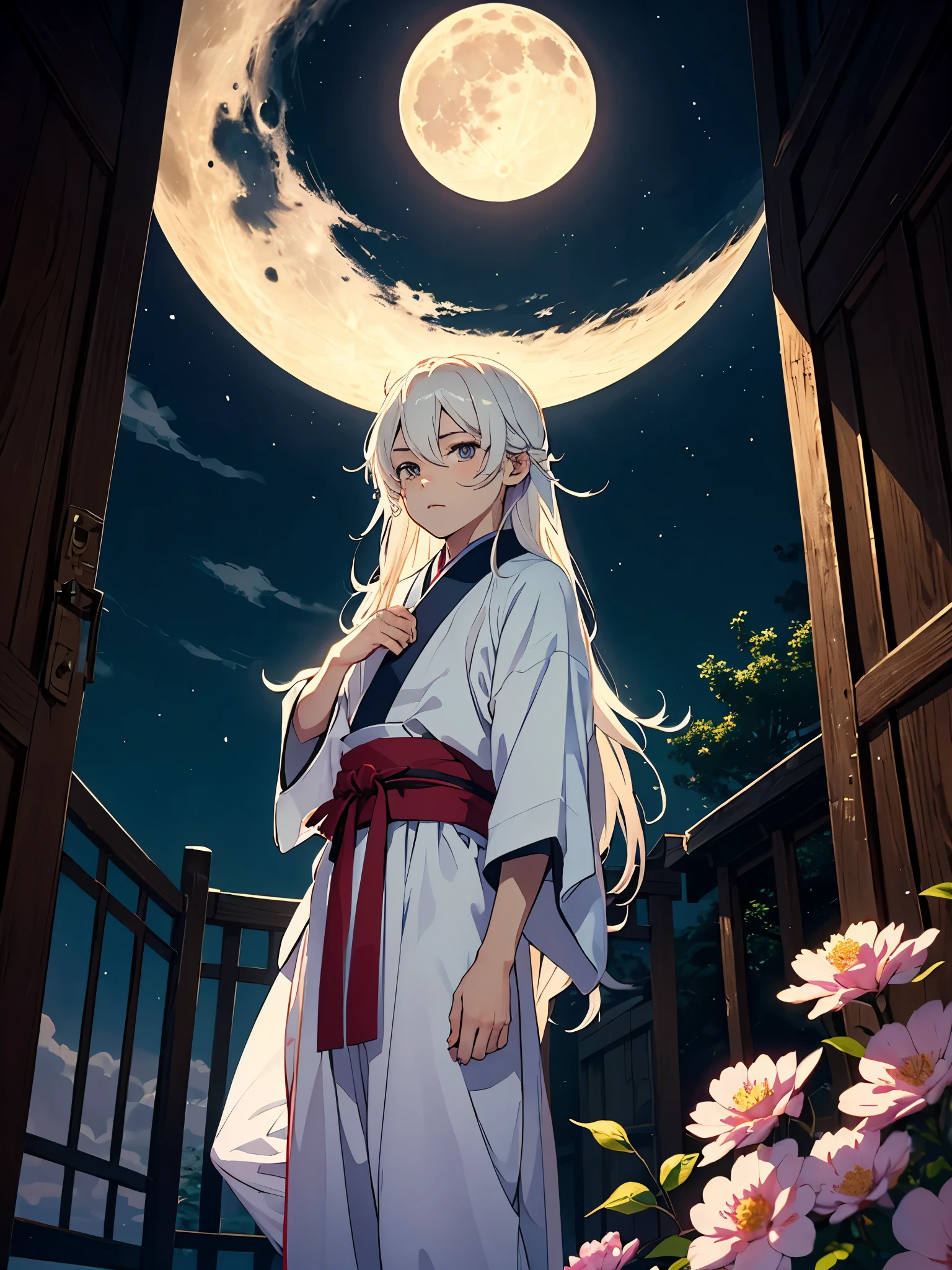 Mehr anime. Little ???. masculine. tao. Boy. mystical. Japanese Gate. Tori Tor. Tsukiyomi. japanese clothes. God of the Moon. long white hair. traditional clothing. divine. full moon. Pink flowers.