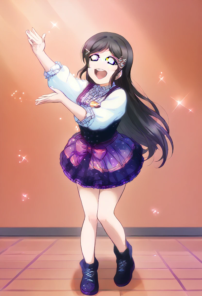 A girl, sparkling idol outfit, clothes, black hair, blue eyes, happy, sparking, standing, long hair, full body 