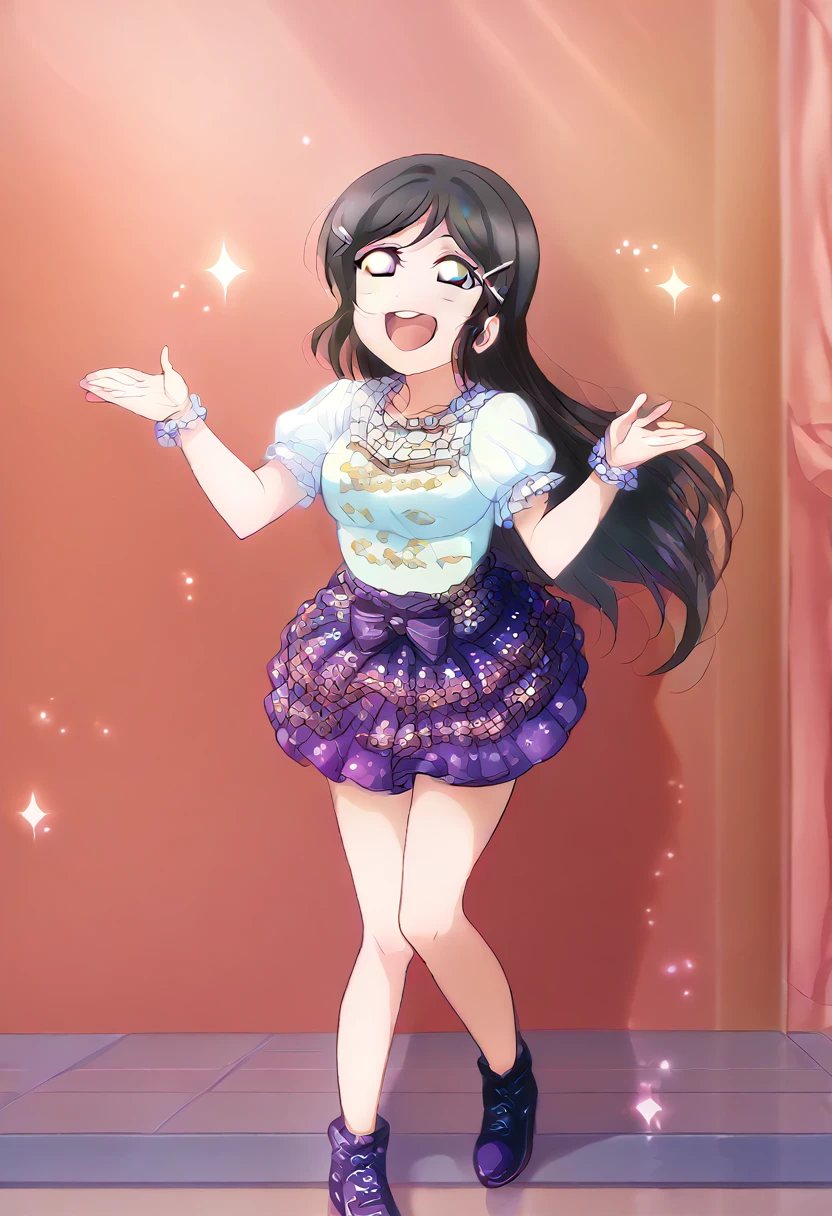 A girl, sparkling idol outfit, clothes, black hair, blue eyes, happy, sparking, standing, long hair, full body 