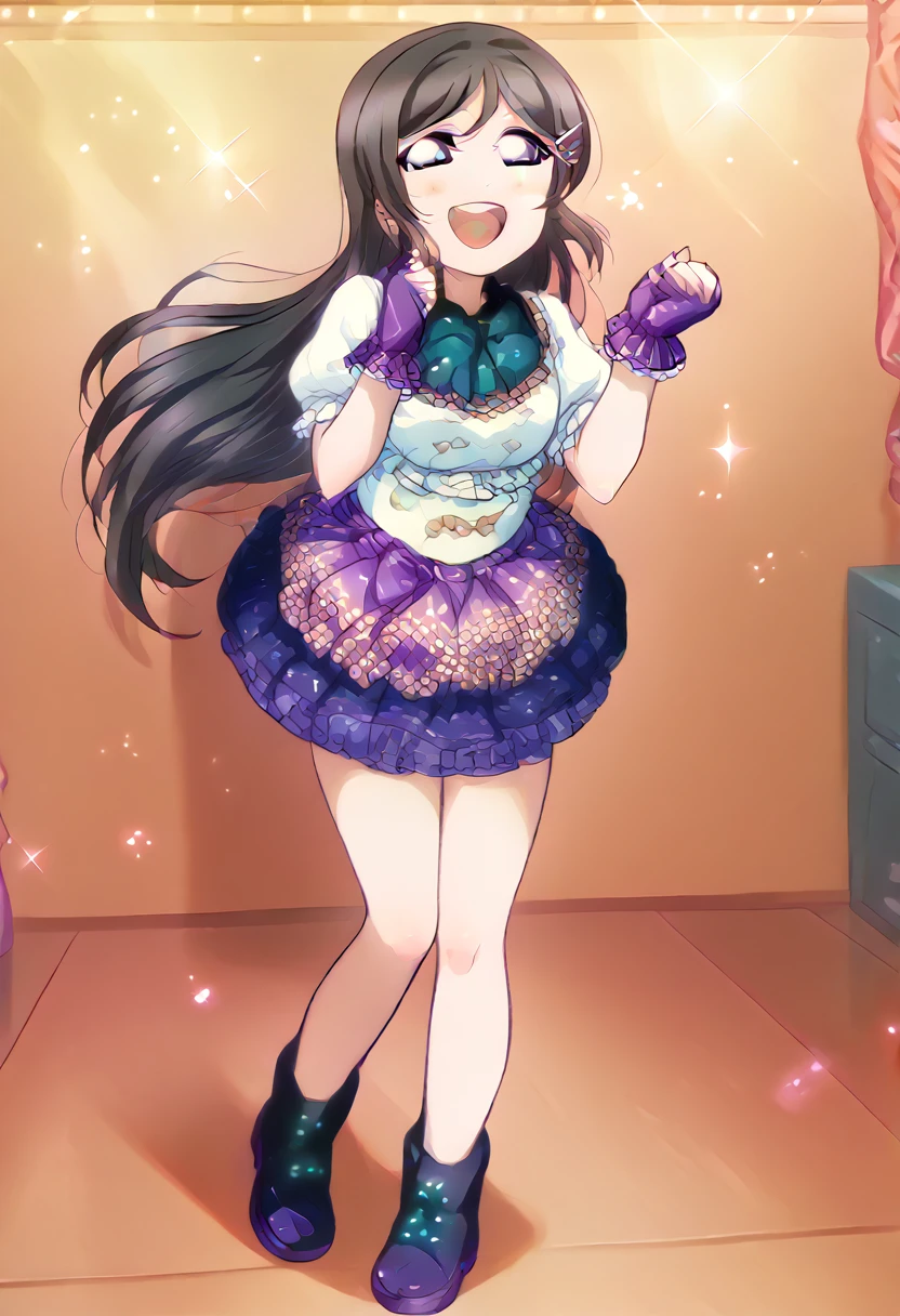 A girl, sparkling idol outfit, clothes, black hair, blue eyes, happy, sparking, standing, long hair, full body 