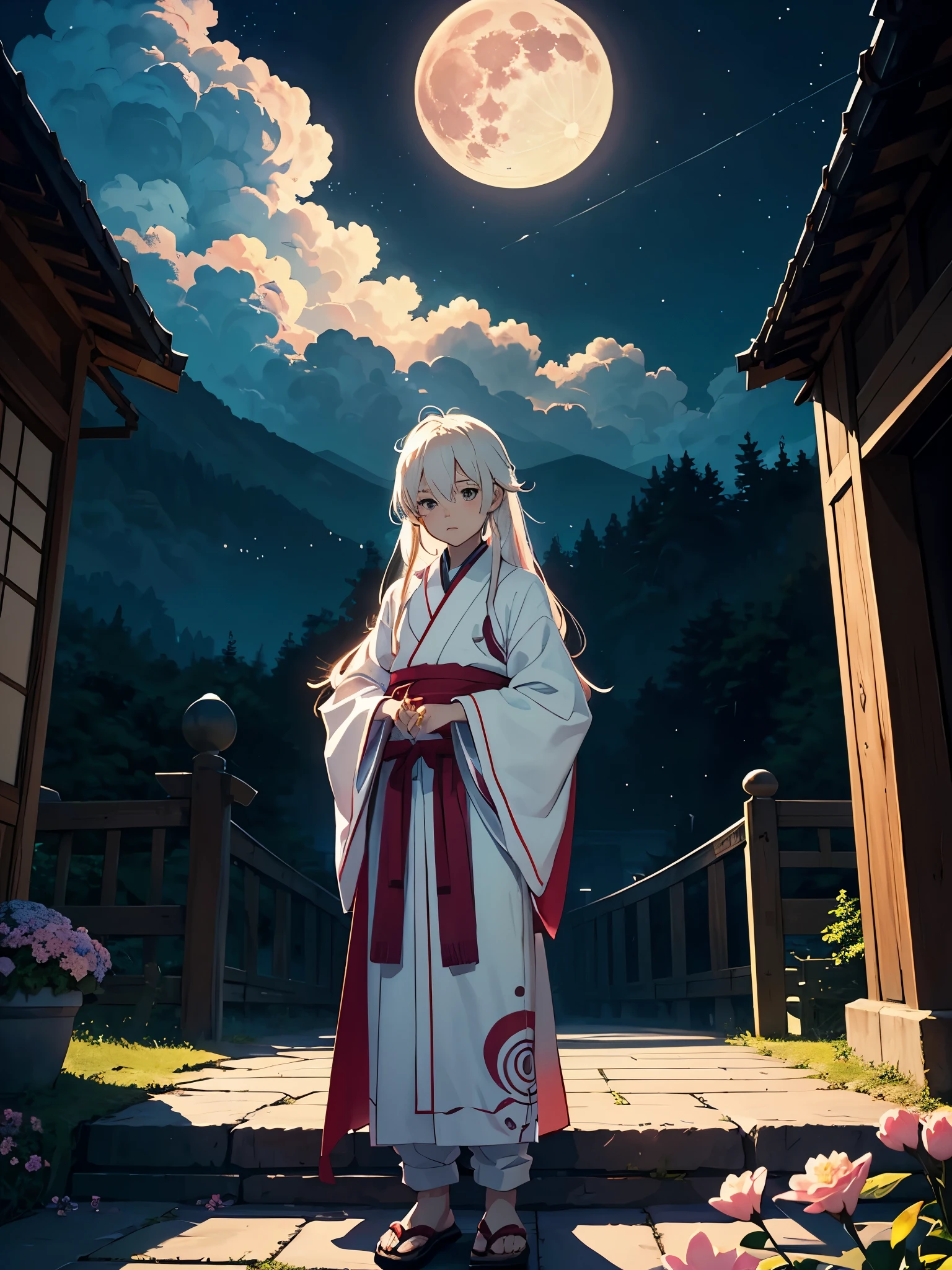 Mehr anime. Little ???. masculine. tao. Boy. mystical. Japanese Gate. Tori Tor. Tsukiyomi. japanese clothes. God of the Moon. long white hair. traditional clothing. divine. full moon. Pink flowers.