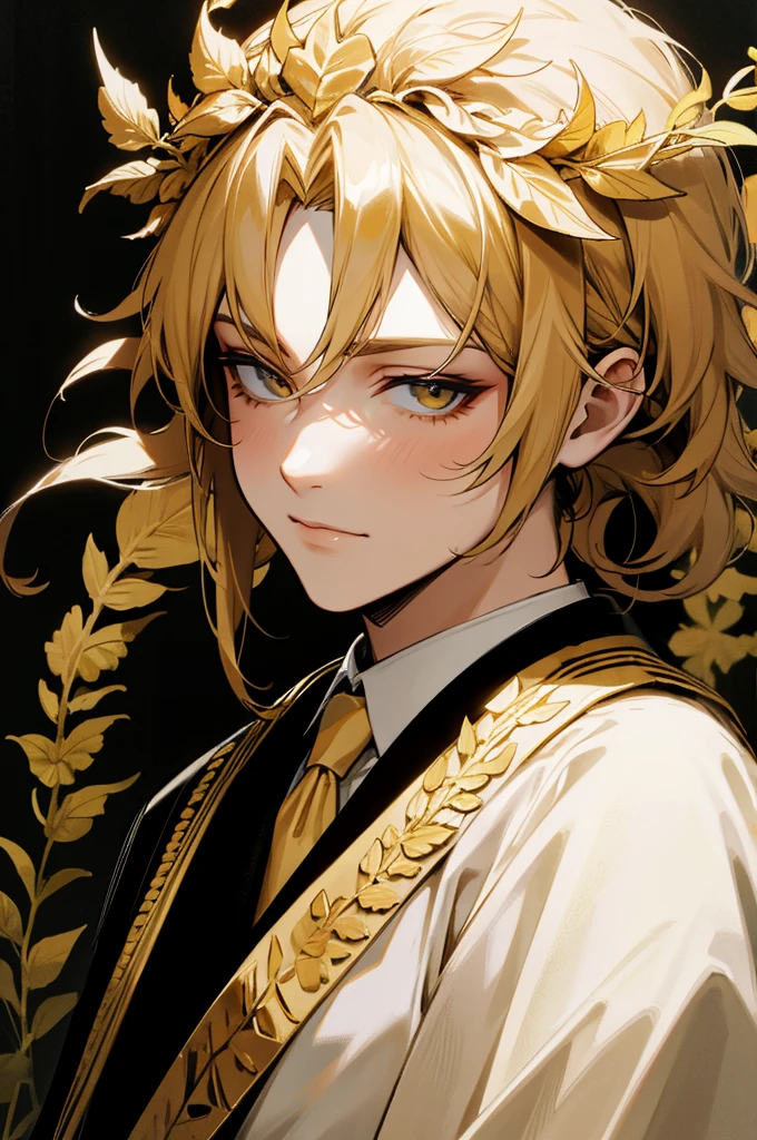 politician in a limo wearing roman imperial golden laurel wreath,