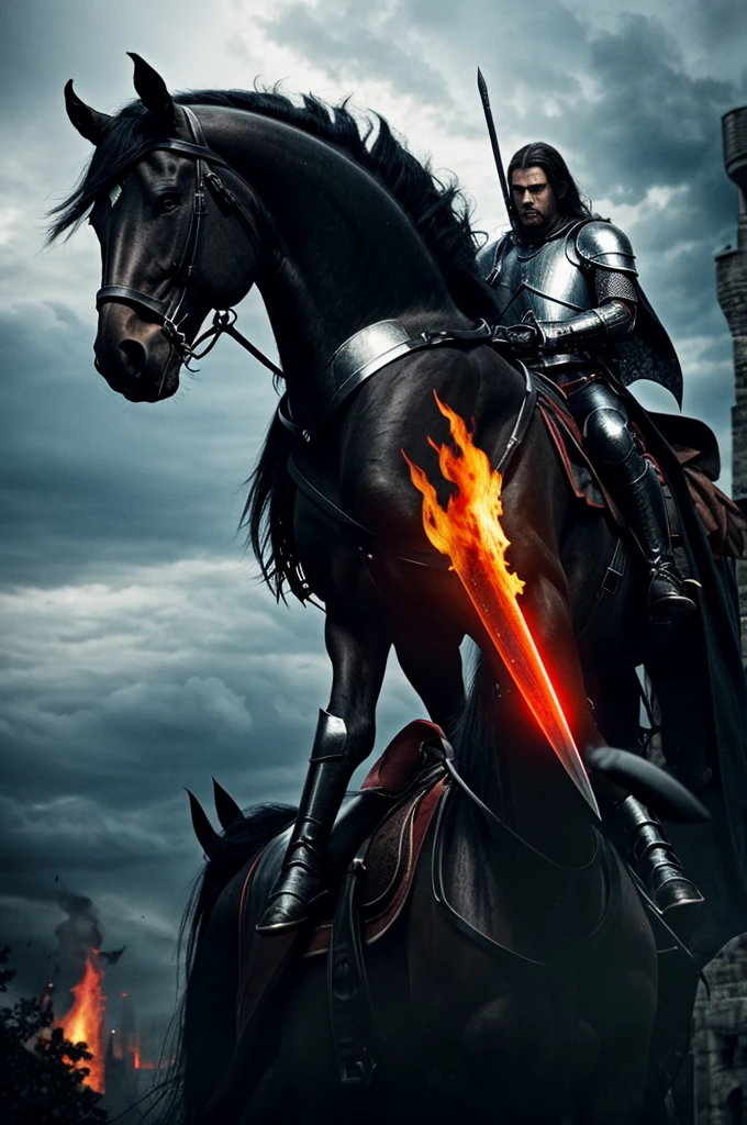 Placat for horror movie with knight with silver armour on black horse, the knight is a vampire and has red lighting eyes. His sword is shining and covered with blood. On background there is a castle in flames. All over is a dark fairytale forest with flying bats