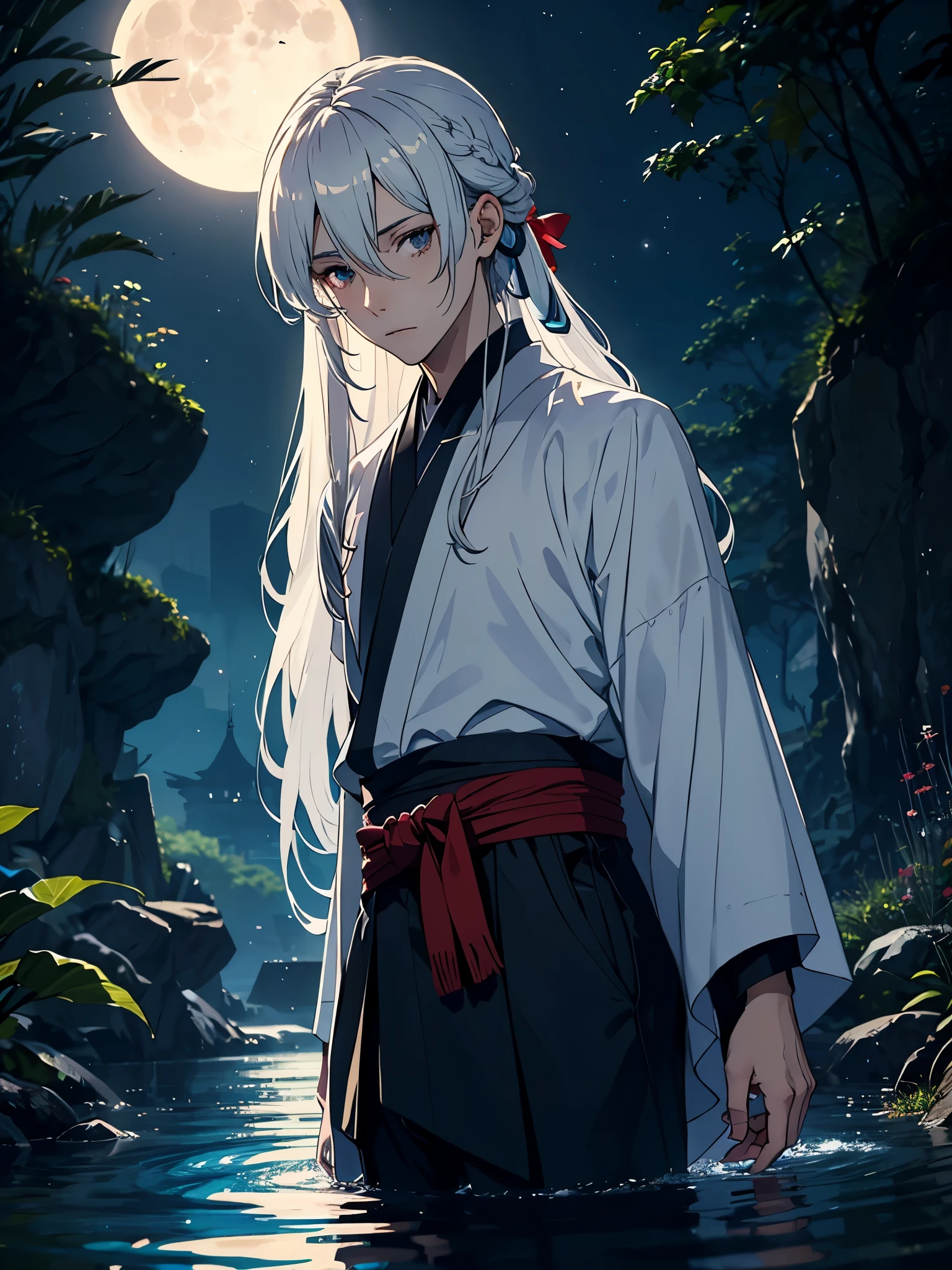Roter Kimono. Rote Blumen. Japanisches Tor. Tori. Blue wolf. Kimono. . More anime. light blue light. Bright bright light. male. Long hair. long white hair. aquatic, boy, God of the Moon, silver hair accessories, White hair.
