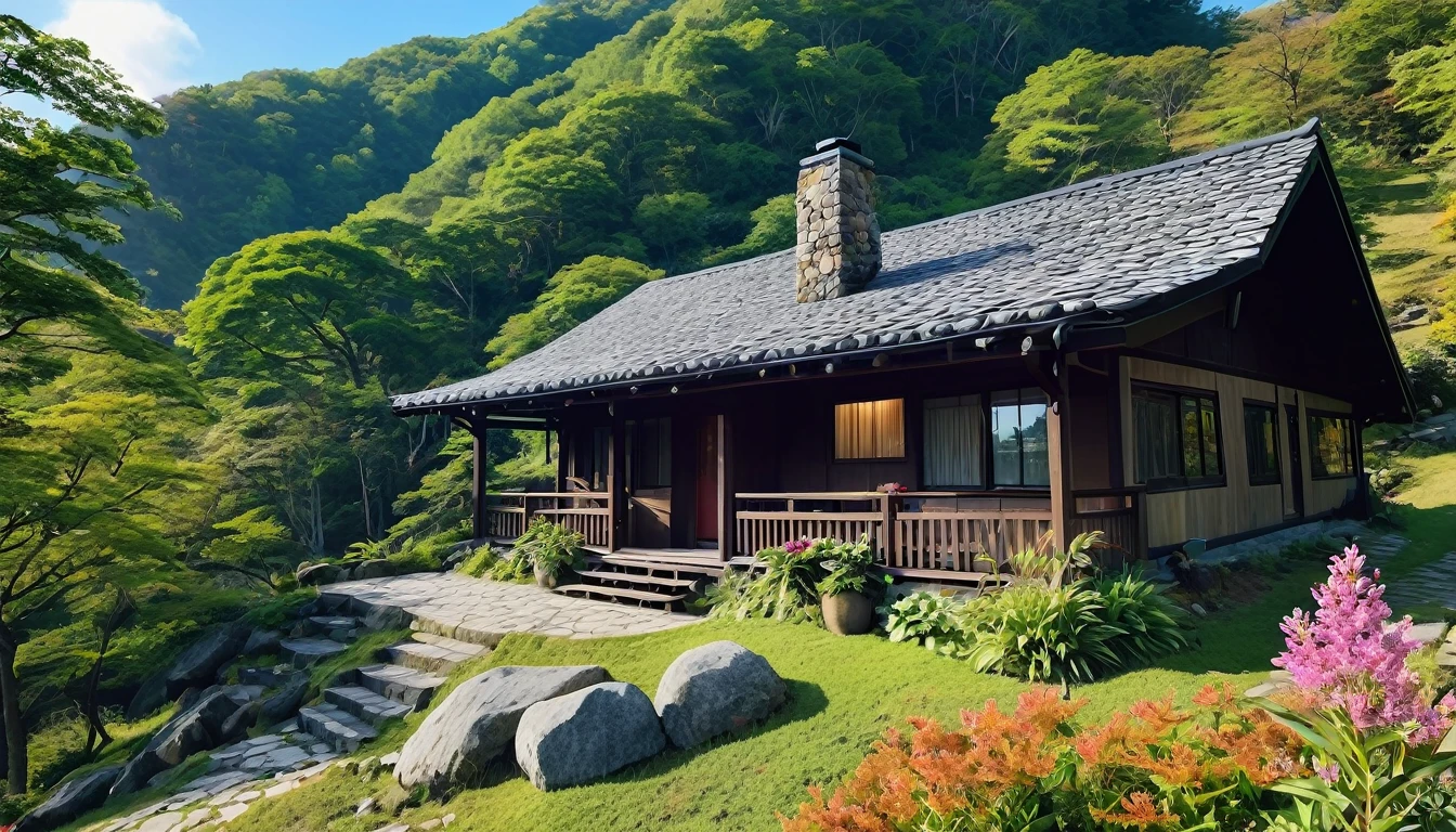 (The best quality at its best,4K,8K,High resolution,masterpiece:1.2),Super detailed,night,(Actual,photoActual,photo-Actual:1.37),Mountain小屋,Cozy cottage,Mountain々Wooden house surrounded by,宁静atmosphere,Attention to detail,Quiet environment,Mountainと森のパノラマ,Secluded place,The large windows offer a spectacular view.,Quaint and rustic design,Smoke coming out of the chimney,atmosphere,Crackling fireplace,Comfortable furniture,soft and warm lighting,Gentle colors,Natural materials,Wood panel,Beautifully landscaped gardens,There are many colorful flowers and plants,Clear blue sky,fresh air,breeze,Rustling of leaves,Quiet and serene,Hiking trails,Nature exploration,adventure,Retreat,Escape the hustle and bustle of the city,A great place to relax and meditate.