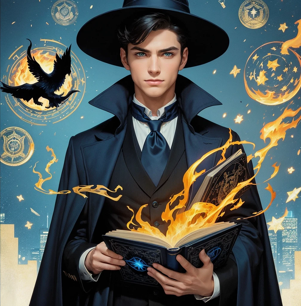 American classic comic book art: handsome young man, black short hair, navy blue wizard hat, navy black suit, fire magic, holding a blue magic book, blue eyes, elegant, city, wide sleeves, creating spells, library.