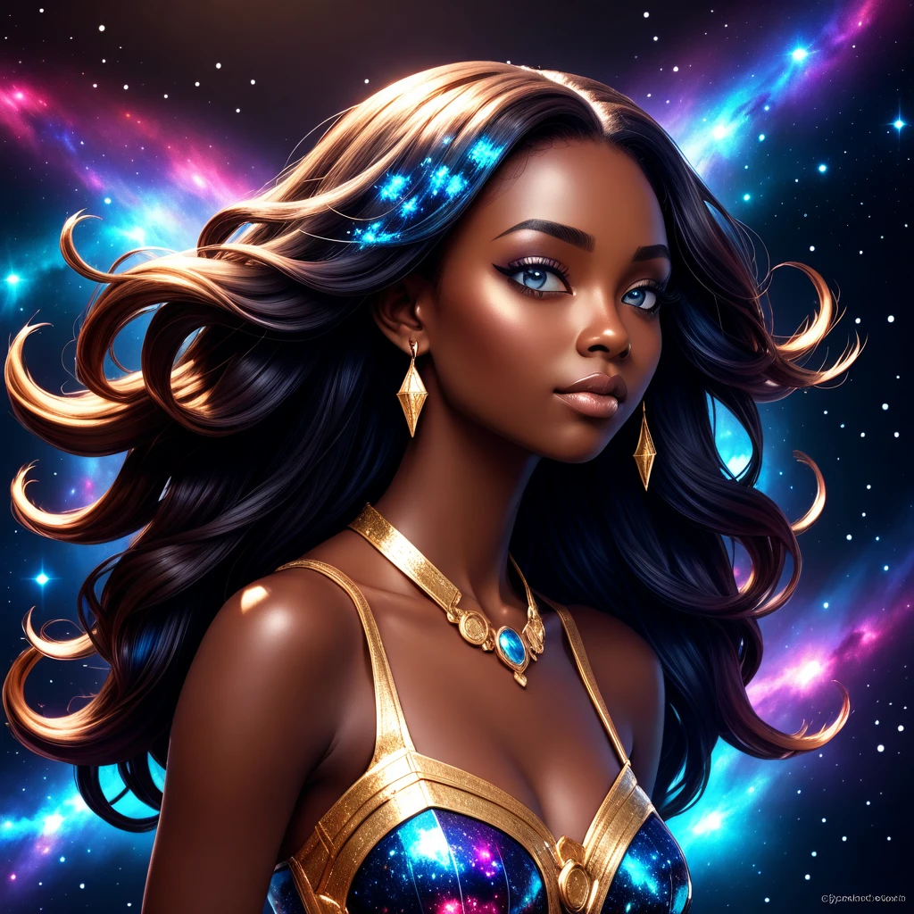 PORTRAIT, a battle angel portrait, beautiful black skin with sparkles and glitter, long long hair, detailed skin, image is compelling with dynamic composition and energetic posing. Include many fantasy details such as bumps, phantasmal iridescence, glitter, galaxy, cosmos, ((dark celestialskin body, void cosmic body)), (((dark background))), (((lights off))), (((hollywood dark))), horror, dramatic shadows, (in a dark fantasy space:1.3, glitter, sparkle, gleam) vector digital illustration, (black background:1.5)sharp
