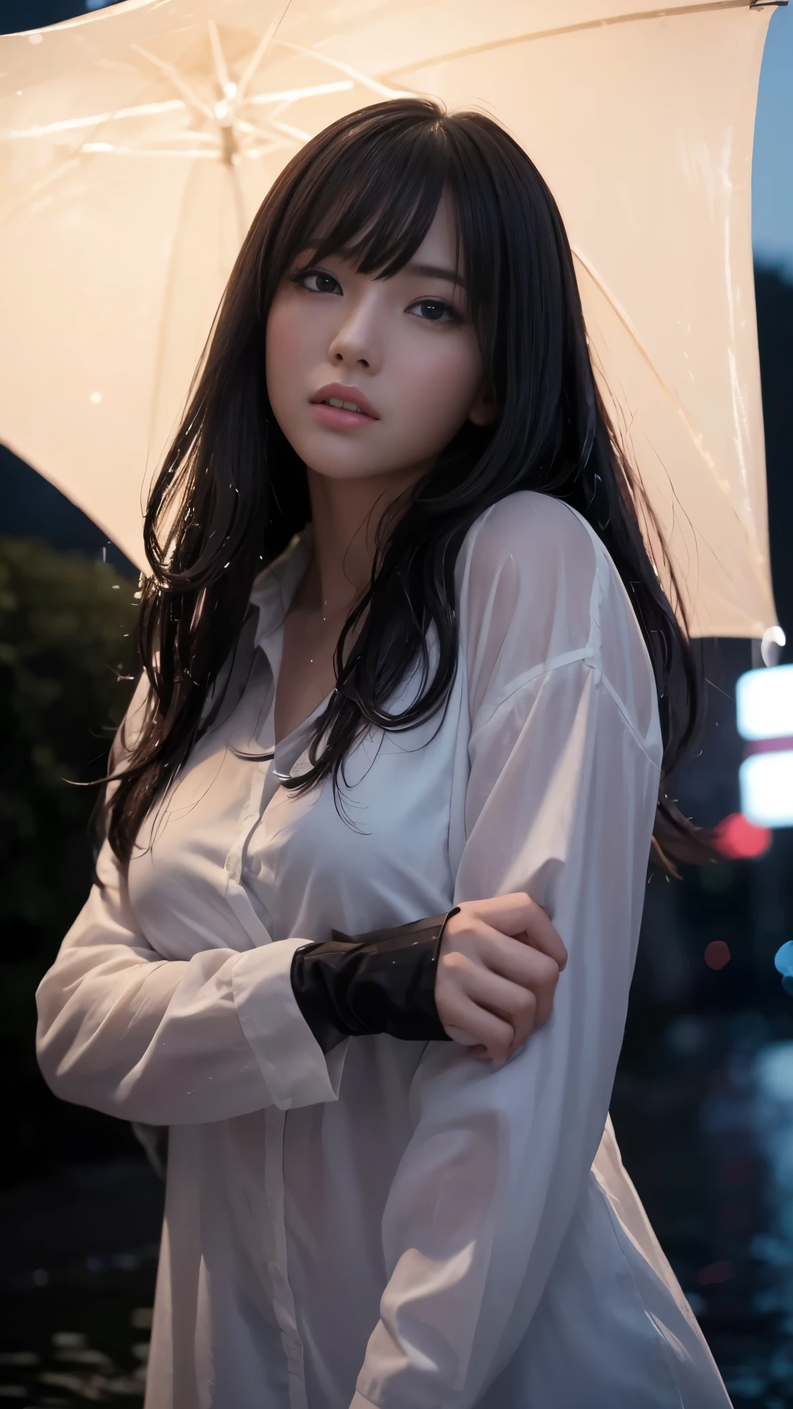 masterpiece, wonderful, high quality、high resolution、High resolution、超A high resolution、(CG illustration)、night, Outdoor, Wet day, ((woman)), Indifference, Seriousness, bangs, (assassin), White clothes、Degrees of Freedom:1.8、Accurate anatomy、Realistic textured face and skin、Accurate anatomy、realism、Realistic、Photorealistic、Raw photo、