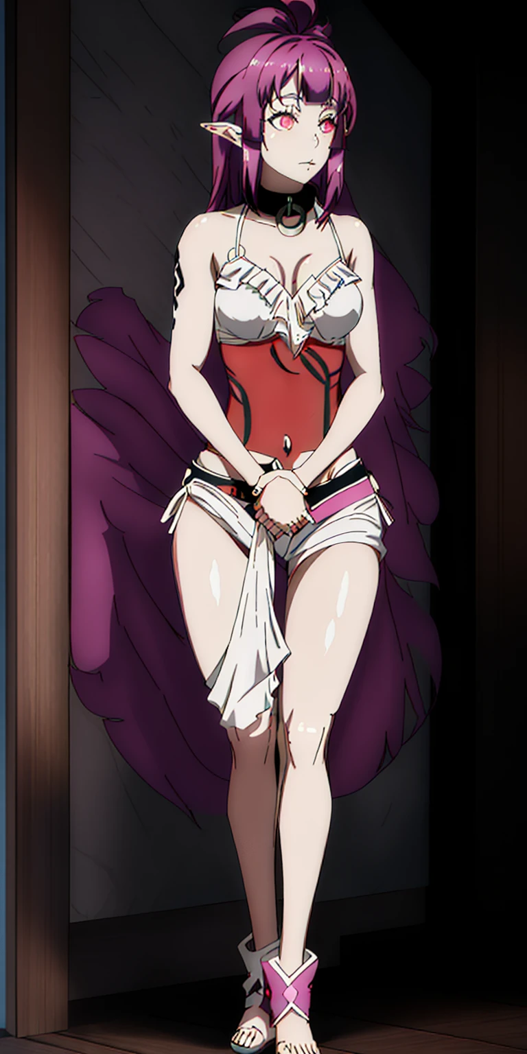 ((1woman)) whole body, standing, gray skin, drow, elf, 1 girl, maduro, purple eyes, by white, black bikini, ABS, Large knockers, tattered rags, chain collar, stomach tattoo (red tattoo)