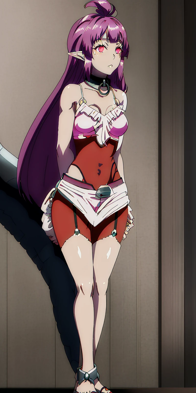 ((1woman)) whole body, standing, gray skin, drow, elf, 1 girl, maduro, purple eyes, by white, black bikini, ABS, Large knockers, tattered rags, chain collar, stomach tattoo (red tattoo)