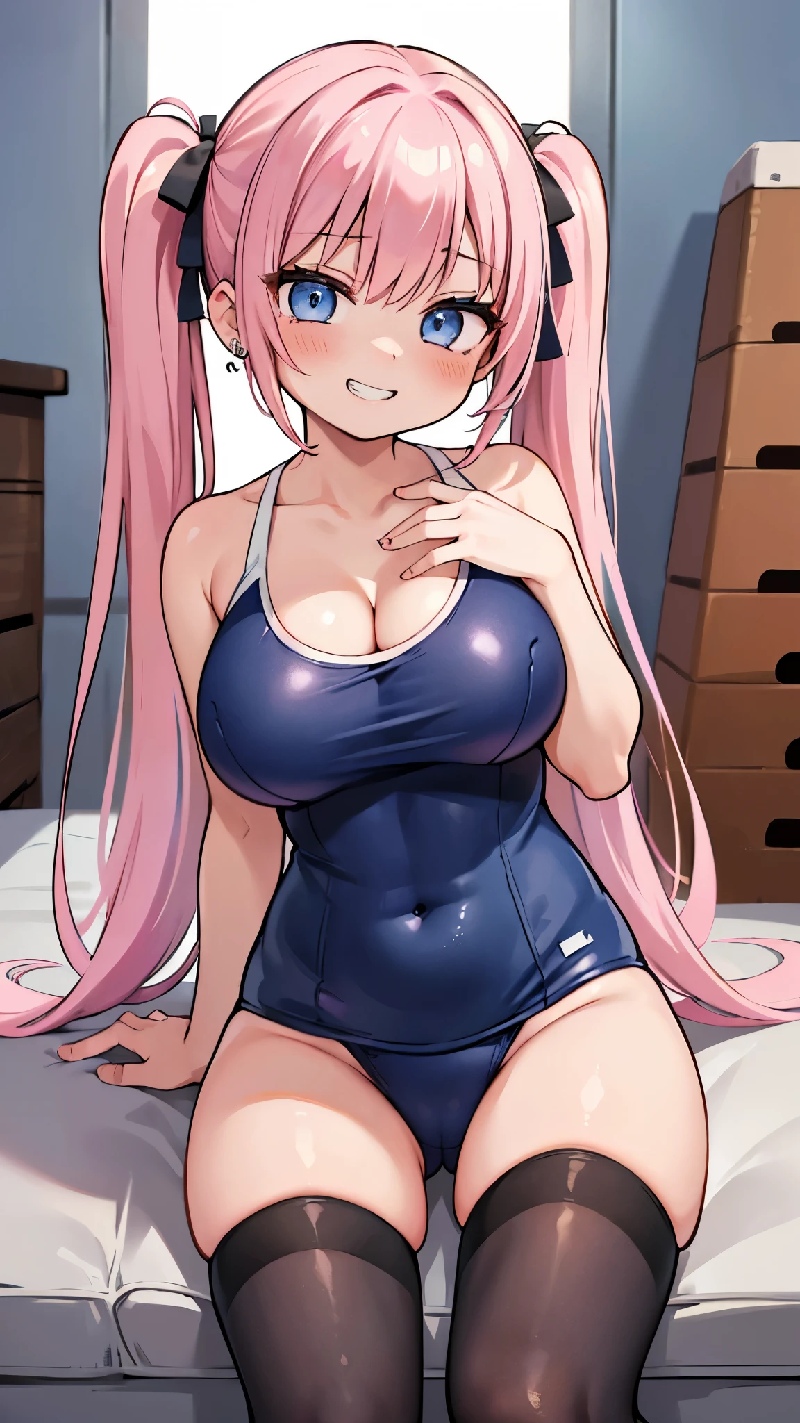 (masterpiece、Highest quality、Super detailed)、((One girl))、((Pink Hair))、((Twin tails))、((Light blue eyes))、evil smile、((Grin))、((lots of piercings))、((Very large breasts))、((Dark blue school swimsuit))、cleavage、black thighhighs、Cowboy Shot、sit on a vaulting box、Gym storeroom