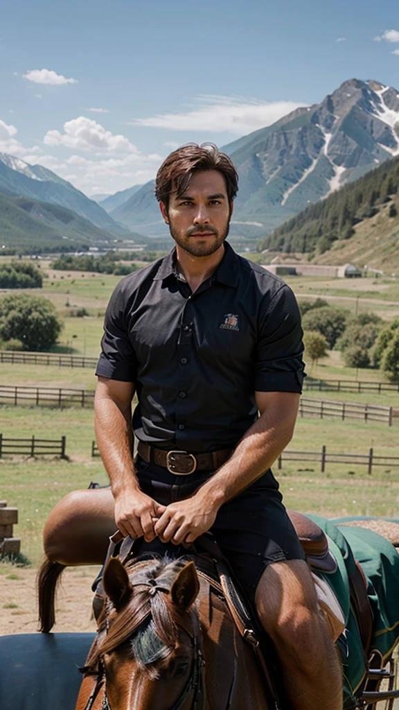 1 man, riding a horse, brown horse, black horse hair, cowboy, mountain background