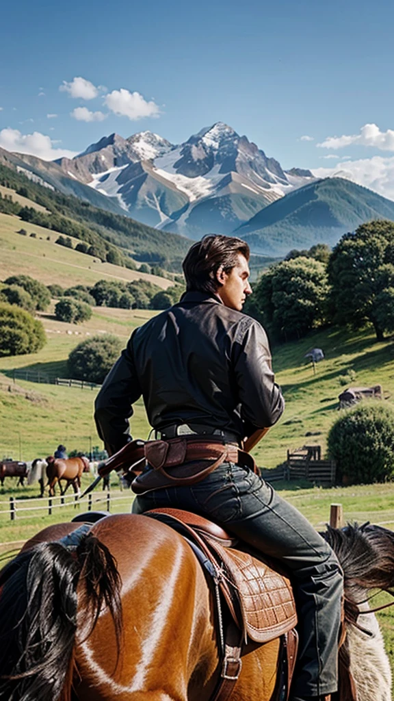 1 man, riding a horse, brown horse, black horse hair, cowboy, mountain background