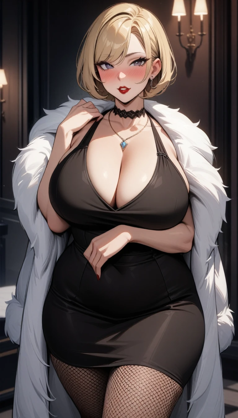 Masterpiece, hi res, absurdres, Best Quality, 4K, detailed, HD ,solo, mature female, age 40, milf, black form fitting dress, necklace,large white fur coat, blonde hair, Pixie cut,curvy, cleavage, Fishnet stocking, mature face, prominent lips, red lipstick,thick, blushing