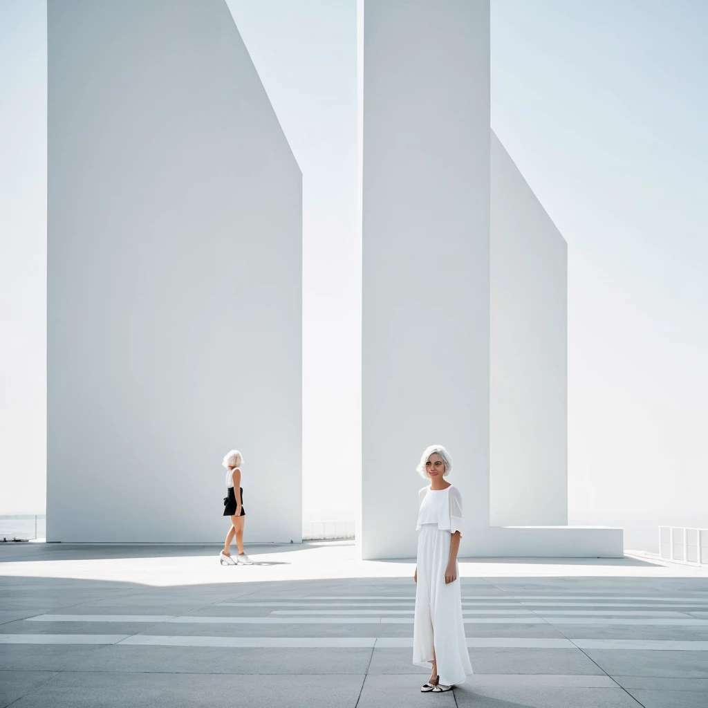 short white hair women the background of a minimalist beautiful white architecture