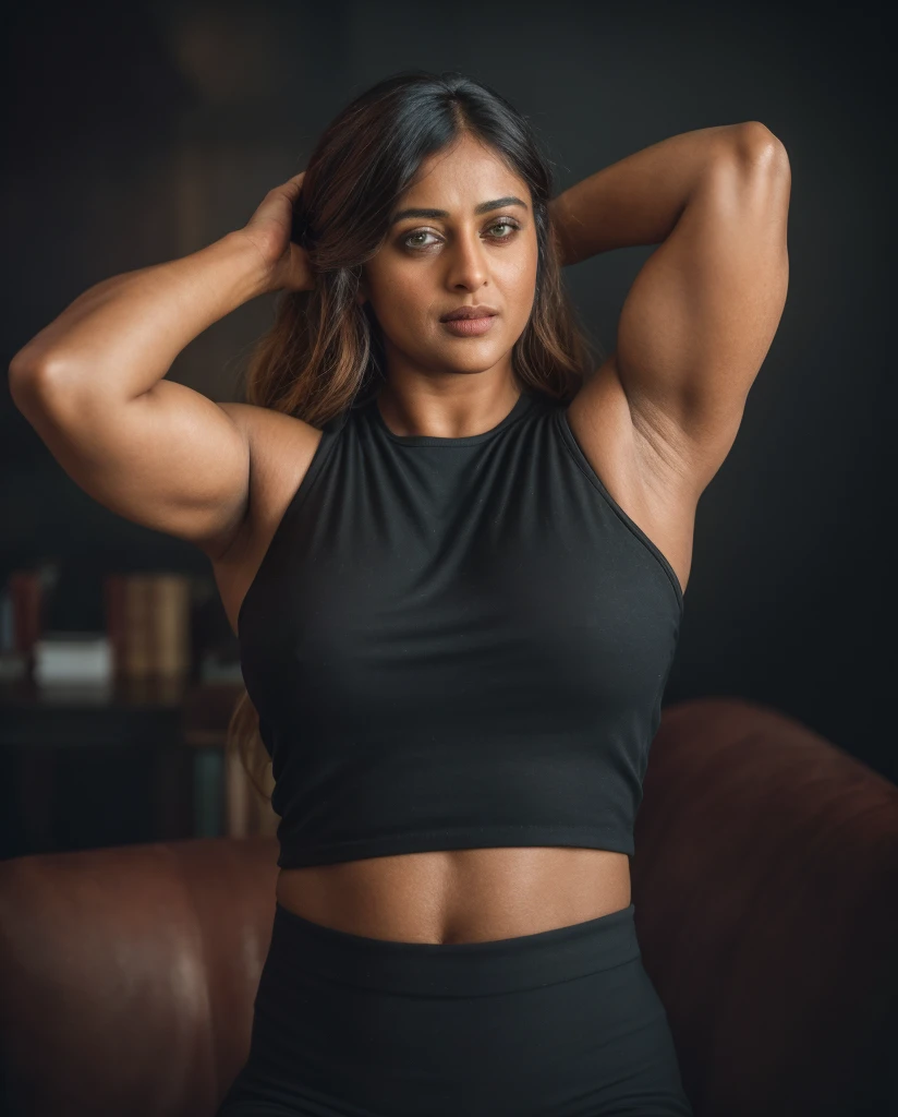 (close-up, editorial photograph of a 35 year old woman), looks like Anushka Shetty, (highly detailed face:1.4) (smile:0.7) (background inside dark, moody, private study:1.3) POV, by lee jeffries, nikon d850, film stock photograph ,4 kodak portra 400 ,camera f1.6 lens ,rich colors ,hyper realistic ,lifelike texture, dramatic lighting , cinestill 800,