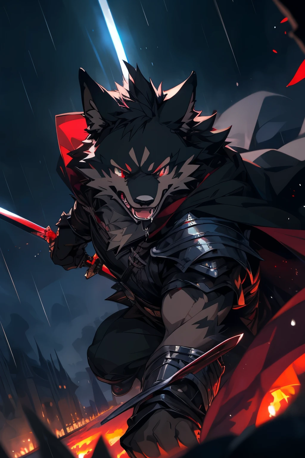 painful,sad expression,death scene,in air,falling,fangs,open mouth,saliva,red eyes,Outside the Royal Palace，Outdoor panorama，boy，Male focus，furry，dark Eyes，A black wolf in the battlefield of armor,masterpiece，cape,Surrounded by lights，eyes widen，fantasy,((best quality)), ((masterpiece)), (detailed),only male,male focus,bara,perfect face,solo,kemono,night,rainy,thunder,black fur,anthro black wolf,blood，pupil dilation，a dull gaze， were stained red with blood，stabbed by a sword was bleeding all over,bled a lot，guro