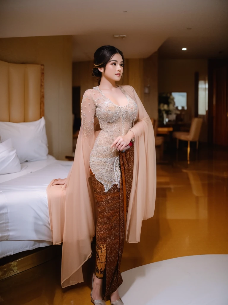Perfect anatomy, Young girl, beautiful, sexy, big breast, nude, topless, wear balinese kebaya, hotel room background, 