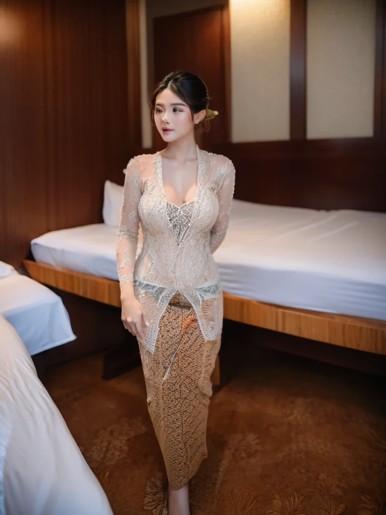 Perfect anatomy, Young girl, beautiful, sexy, big breast, nude, topless, wear balinese kebaya, hotel room background, 