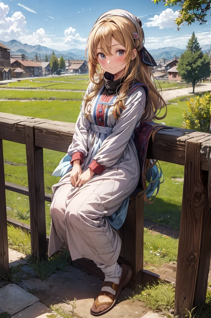 1girl, (anime coloring:1.2), perfect_anatomy, best quality, looking at viewer, upturned eyes, medium hair, chestnut hair, hairs between eyes, feminine, happy smile, (Kashmiri Pheran:1.2), Simple shoes, village deep in the rye field, Medieval village,