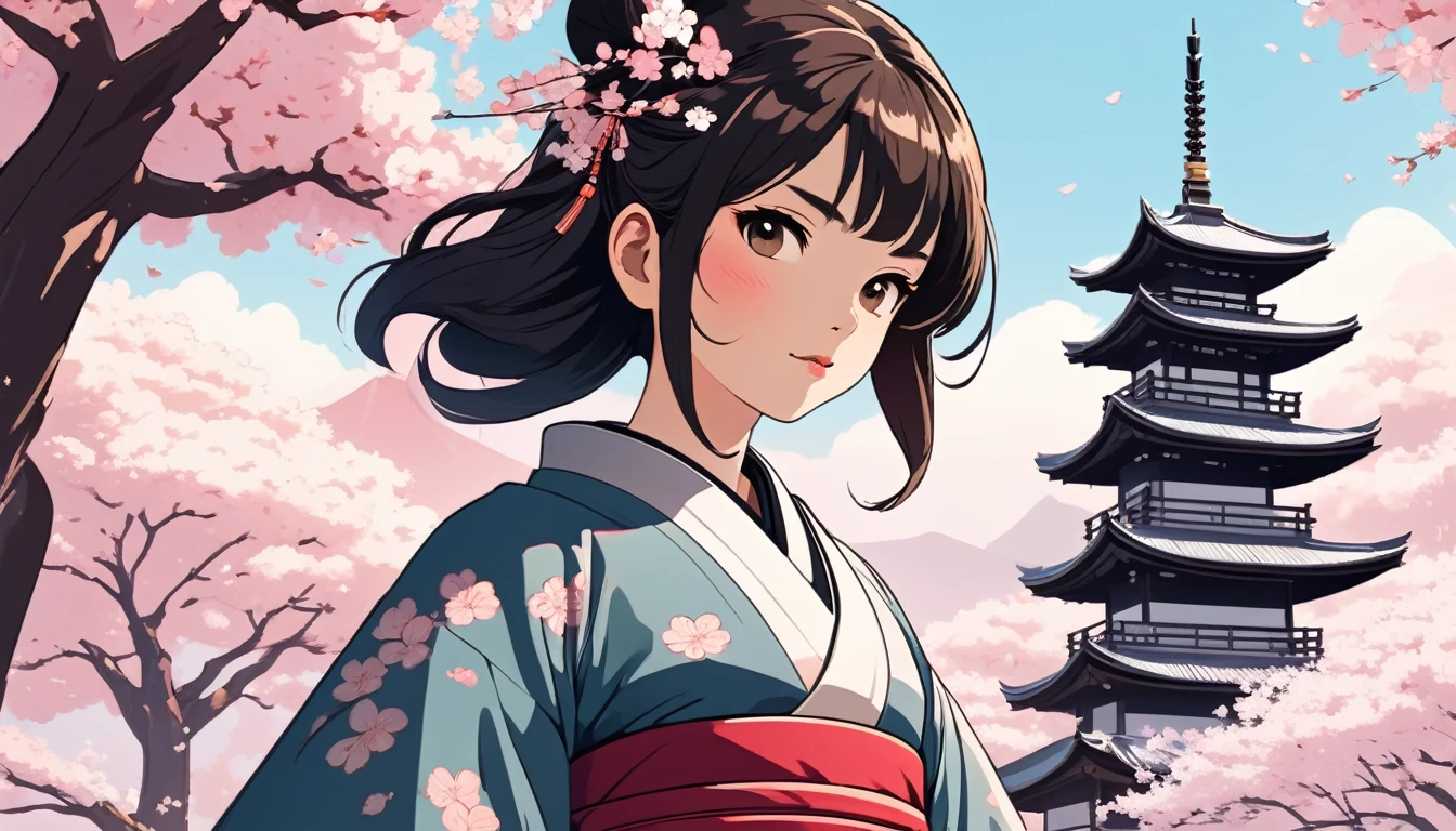 Female samurai,Background is cherry blossoms and a Japanese temple、 Wide-angle lens, Lofi Anime, Lofi illustration, Aesthetic atmosphere, Lo-Fi Style, Vector art, Flat Design, Simple shape, Warm tones, Pleasant atmosphere, Chill, In anime style, Digital drawing, Vector art, Vector logo for t-shirt printing, (Adorable:1.5), (small:1.4), (Playful:1.2), (soft:1.3), (Whimsical:1.1), masterpiece, Highest quality, 8K, Intricate details, grow, Celestial, Mysterious, Picturesque, amazing, Majestic, Magic, Fantasy art, Cover art, dream-like
