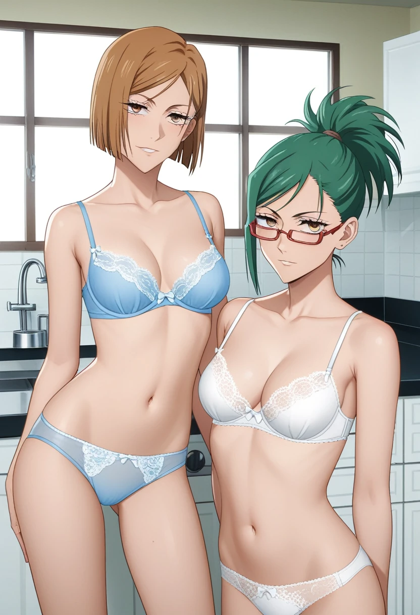 score_9_up, score_8_up, score_7_up, 2 girls, mature females, (((first girl is Nobara Kugisaki from Jujutsu Kaisen((brown bob hair, brown eyes)))))(((second girl is Maki Zenin from Jujutsu Kaisen((green ponytail hair, yellow eyes, glasses))))), fit slim bodies, (((seductive lingerie))), (((modern open space kitchen, with panoramic windows))), looking at the viewer, standing in seductive poses