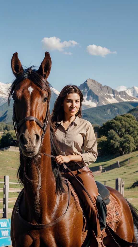 1 woman, riding a horse, brown horse, black horse hair, cowboy, mountain background