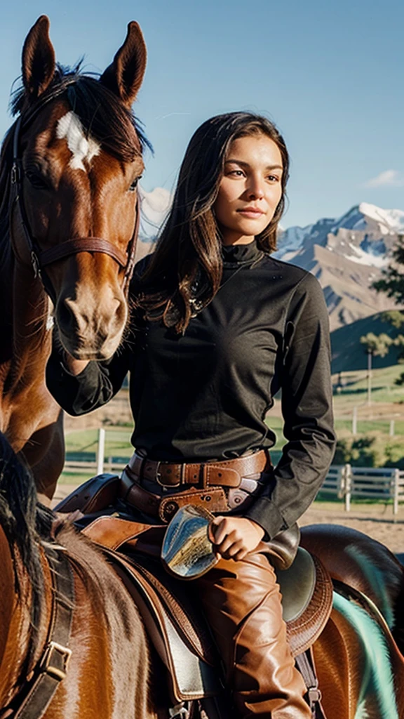 1 woman, riding a horse, brown horse, black horse hair, cowboy, mountain background