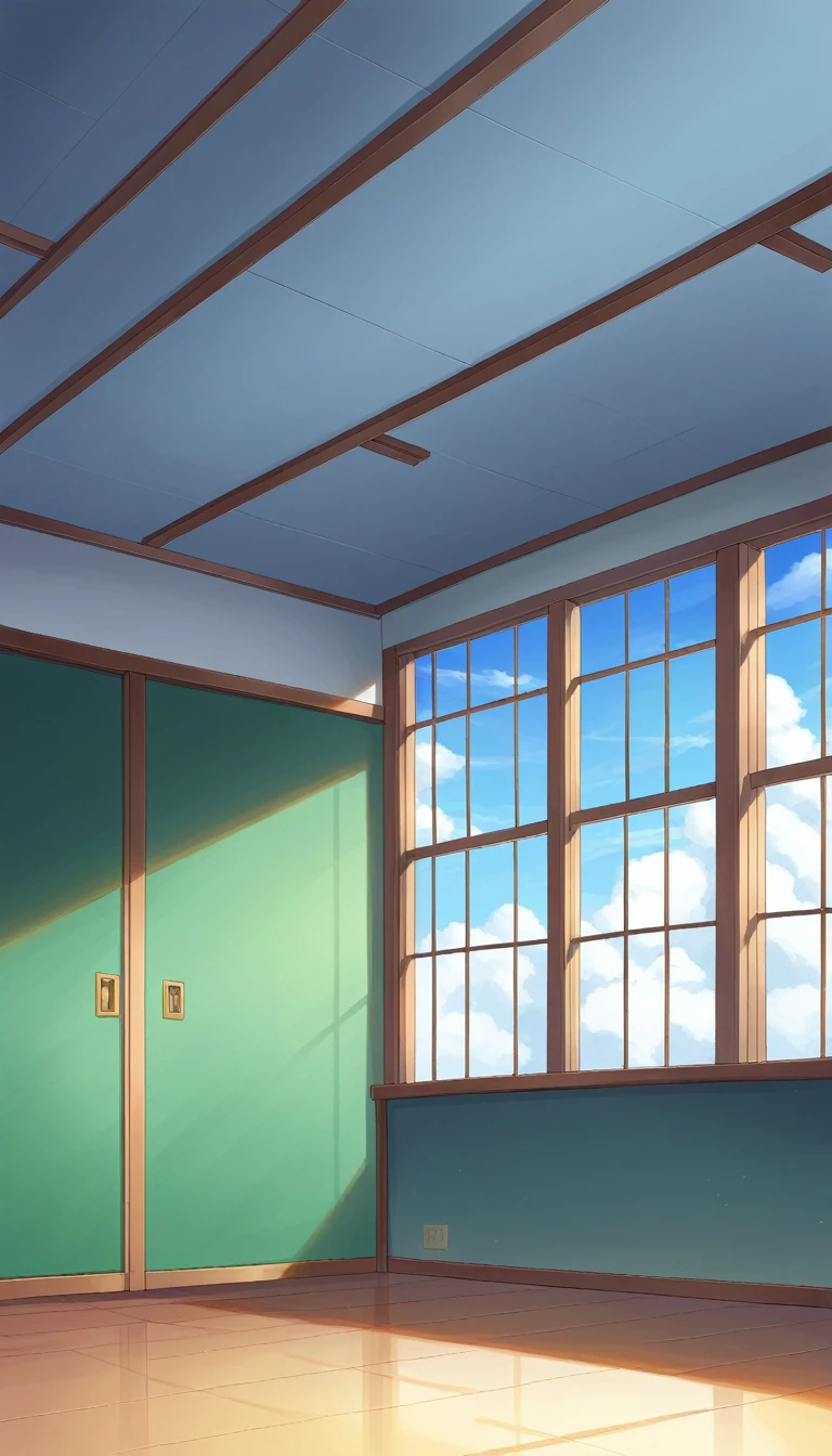 Large cumulonimbus clouds float in a bright blue sky; the interior of the classroom is partially visible, with sunlight streaming in through the windows illuminating the scene; the window frame and some of the walls are visible, providing a backdrop to the interior situation. Outside, towering clouds dominate the sky, their fluffy white shapes contrasting with the deep blue background. This scene captures a sense of calm and wonder with the serene beauty of the natural world as seen from the everyday environment of the classroom, Ghibli-style