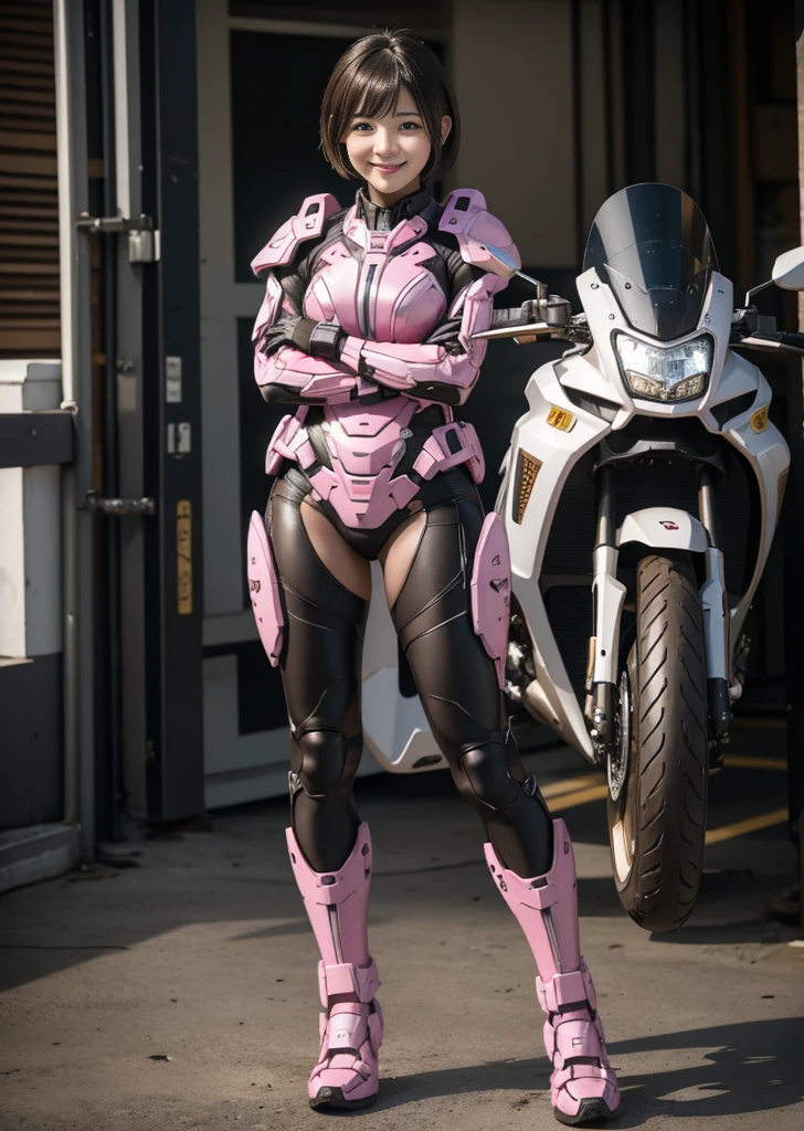Textured skin, Very detailed, Attention to detail, high quality, 最high quality, High resolution, 1080P, hard disk, beautiful,(Terminator),beautifulサイボーグ女性,pink mecha cyborg girl,Battle Mode,Girl with a mechanical body,She is wearing a weaponized combat cyborg mech,Full Body Shot bare hands Boyish short hair Berry Short Brown eyes Black Hair girl Steam coming out of the head cute smile